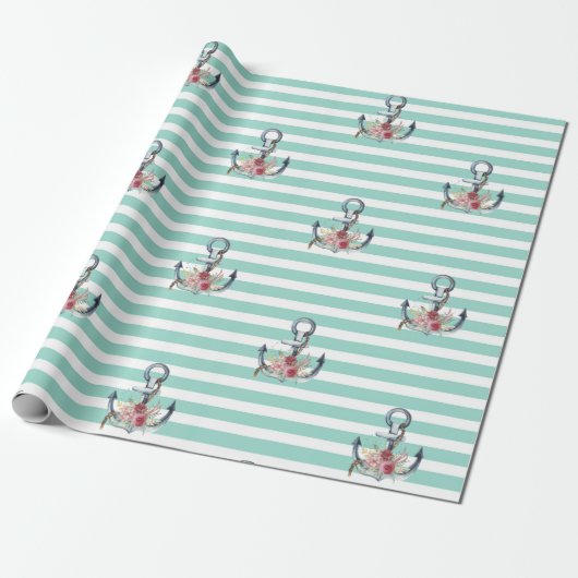 Nautical, Anchor Flowers Mint Green Stripes Cadeaupapier (Uitgerold)