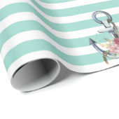 Nautical, Anchor Flowers Mint Green Stripes Cadeaupapier (Rol Hoek)