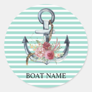 Nautical, Anchor Flowers Mint Green Stripes Ronde Sticker