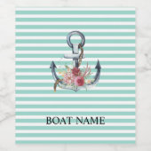 Nautical, Anchor Flowers Mint Green Stripes Wijn Etiket (Enkel label)