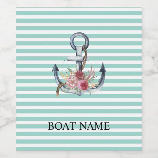 Nautical, Anchor Flowers Mint Green Stripes Wijn Etiket (Enkel label)