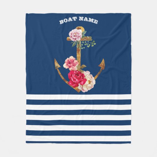 Nautical, Anchor Flowers Navy Blue Stripes Fleece Deken (Voorkant)