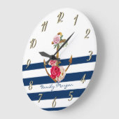Nautical, Anchor Flowers Navy Blue Stripes Grote Klok (Hoek)