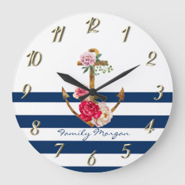 Nautical, Anchor Flowers Navy Blue Stripes Grote Klok