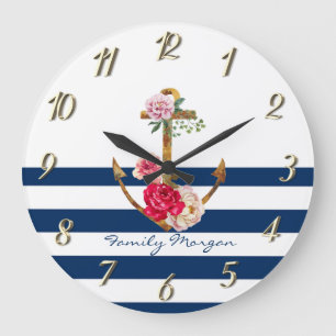 Nautical, Anchor Flowers Navy Blue Stripes Grote Klok