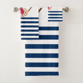 Nautical, Anchor Flowers Navy Blue White Stripes Bad Handdoek