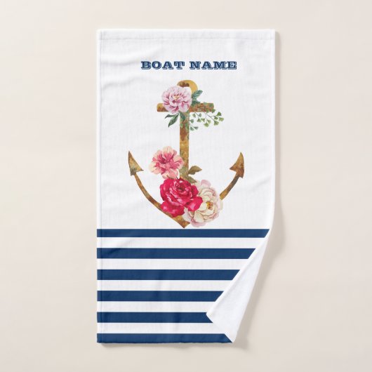 Nautical, Anchor Flowers Navy Blue White Stripes Bad Handdoek (Handdoek)