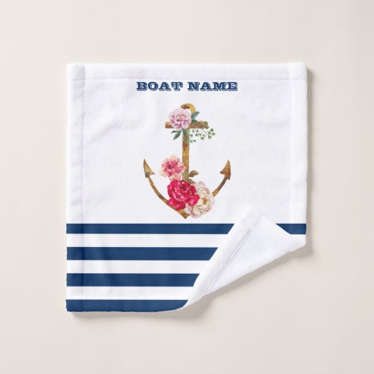 Nautical, Anchor Flowers Navy Blue White Stripes Bad Handdoek (Wasdoekje)