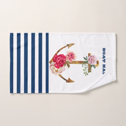 Nautical, Anchor Flowers Navy Blue White Stripes Bad Handdoek (Handdoek)