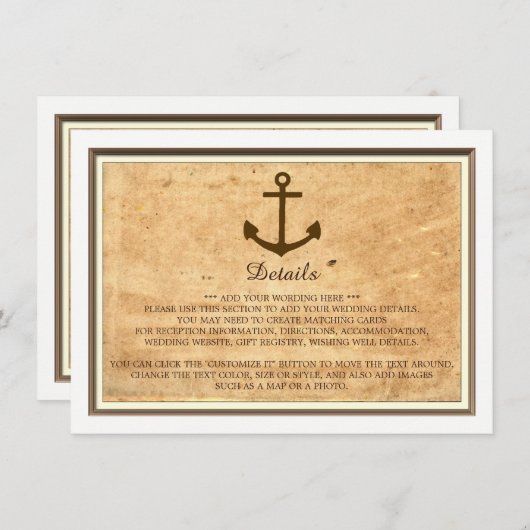 Nautical Anchor Framed  Paper Wedding Informatiekaartje (Voorkant / Achterkant)