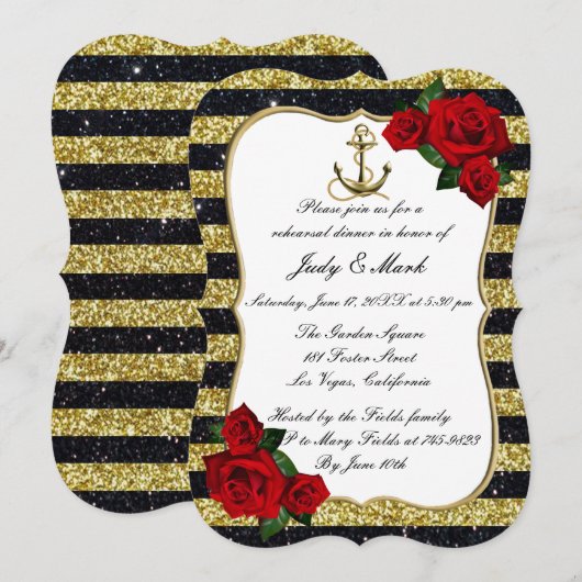 Nautical Anchor Gold Black Stripe Rehearings Dinne Kaart (Voorkant / Achterkant)