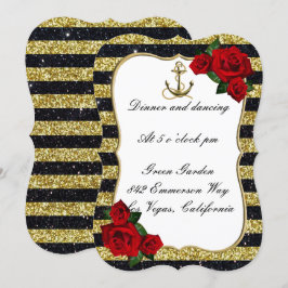 Nautical Anchor Gold Black Stripe WeddingReception Kaart