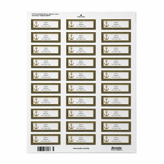 Nautical Anchor Gold Black Stripes Adresetiketten Etiket (Full Sheet)