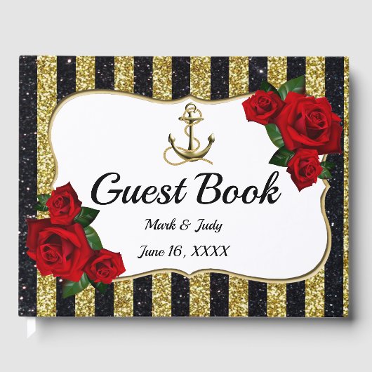 Nautical Anchor Gold Black Stripes Guestbook Gastenboek (Voorkant)