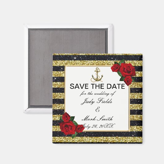Nautical Anchor Gold Black Stripes Save the Date Magneet (Voorkant / Achterkant)