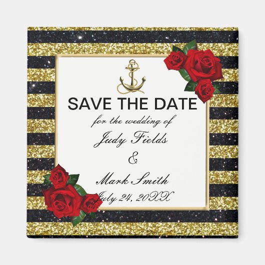 Nautical Anchor Gold Black Stripes Save the Date Magneet (Voorkant)