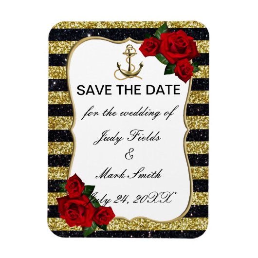 Nautical Anchor Gold Black Stripes Save the Date Magneet (Verticaal)
