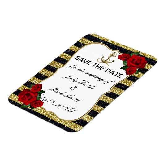 Nautical Anchor Gold Black Stripes Save the Date Magneet (Linkerzijde)