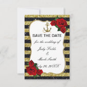 Nautical Anchor Gold Black Stripes Save the Date RSVP Kaartje (Voorkant)