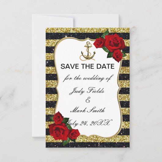 Nautical Anchor Gold Black Stripes Save the Date RSVP Kaartje (Voorkant)