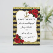 Nautical Anchor Gold Black Stripes Save the Date RSVP Kaartje (Staand voorkant)