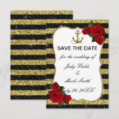 Nautical Anchor Gold Black Stripes Save the Date RSVP Kaartje (Voorkant / Achterkant)