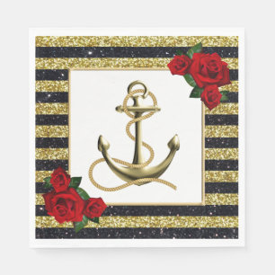 Nautical Anchor Gold Black Stripes Wedding Napkins Servet