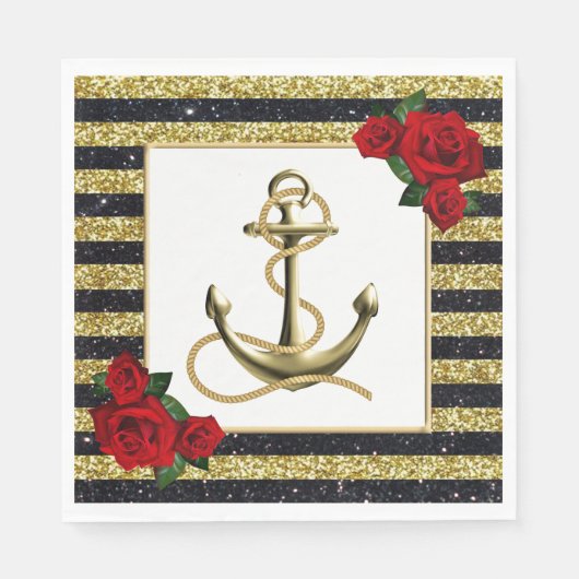 Nautical Anchor Gold Black Stripes Wedding Napkins Servet (Voorkant)