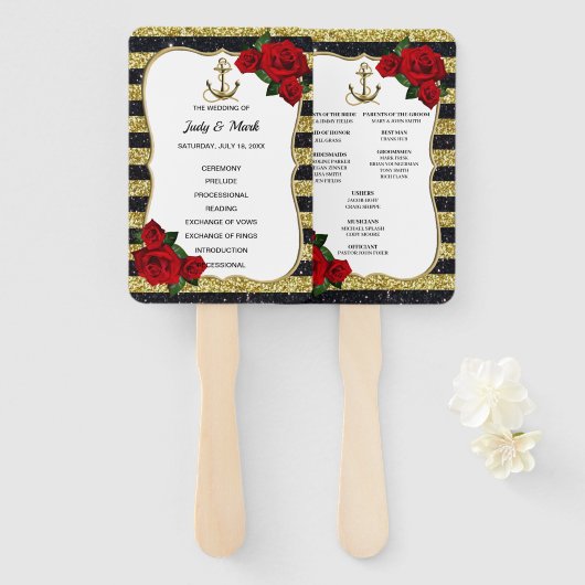 Nautical Anchor Gold Black Stripes Wedding Program Handwaaier (Voorkant en achterkant)