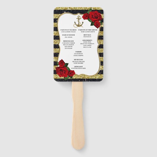 Nautical Anchor Gold Black Stripes Wedding Program Handwaaier (Achterkant)