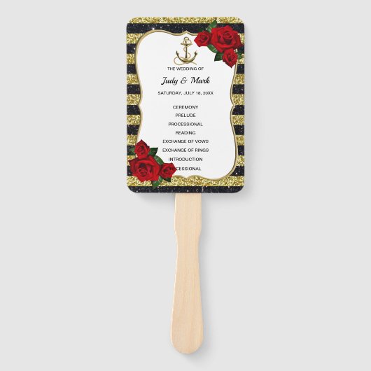 Nautical Anchor Gold Black Stripes Wedding Program Handwaaier (Voorkant)