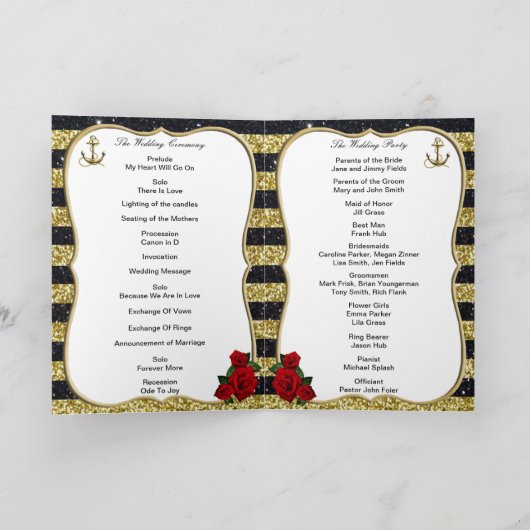 Nautical Anchor Gold Black Stripes Wedding Program Kaart (Binnen)