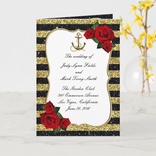 Nautical Anchor Gold Black Stripes Wedding Program Kaart (Gele Bloem)