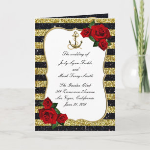Nautical Anchor Gold Black Stripes Wedding Program Kaart