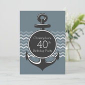 Nautical Anchor Gray Chevron 40th Birthday Party Kaart (Staand voorkant)