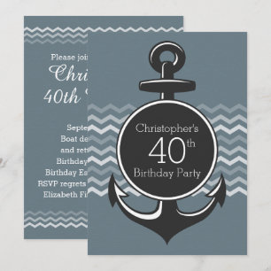 Nautical Anchor Gray Chevron 40th Birthday Party Kaart