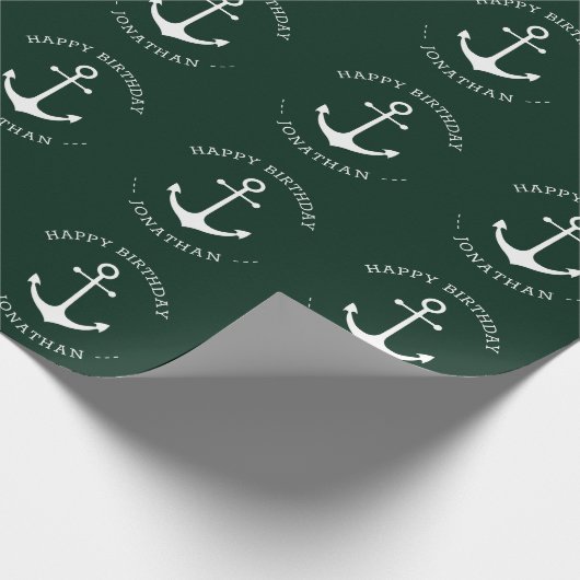 Nautical anchor green douanenaam text Birthday Cadeaupapier (Hoek)