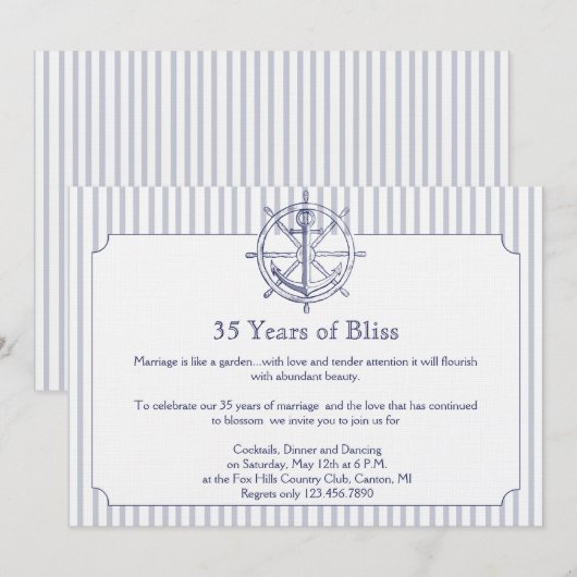 Nautical Anchor Grey Stripe Jubileum Uitnodiging (Voorkant / Achterkant)