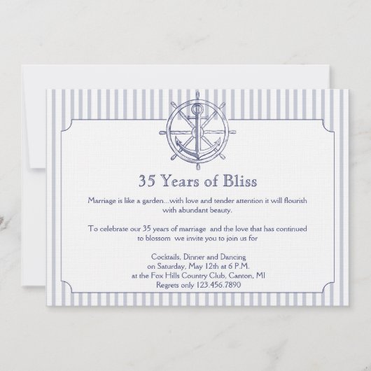 Nautical Anchor Grey Stripe Jubileum Uitnodiging (Voorkant)