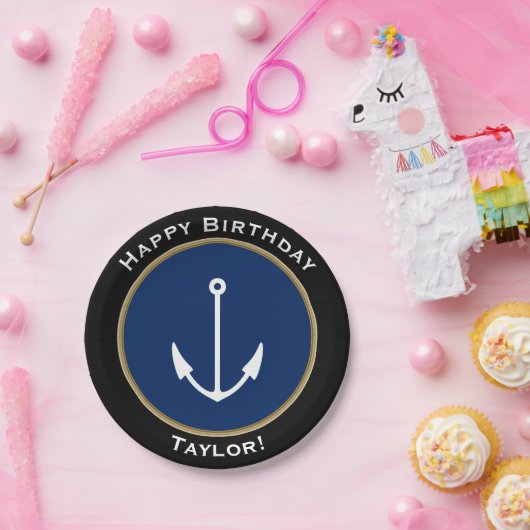 Nautical Anchor Happy Birthday met naam Papieren Bordje (Feest)
