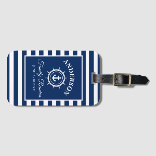 Nautical Anchor Helm Family Reunion Blue Striped Bagagelabel (Voorkant (horizontaal))