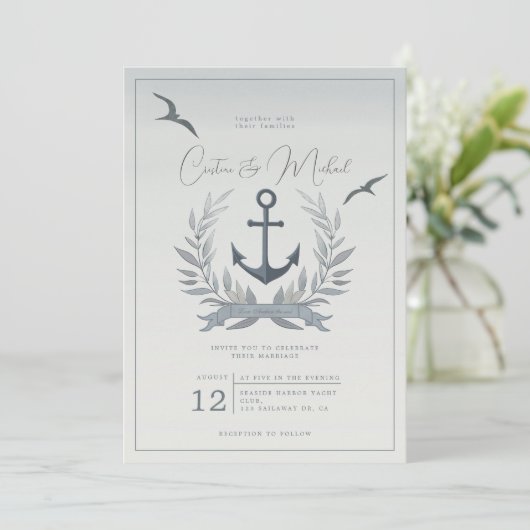Nautical anchor herald bruiloft uitnodiging (Staand voorkant)
