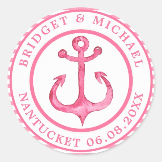 Nautical Anchor - Hot Pink Striped Personated Ronde Sticker (Voorkant)