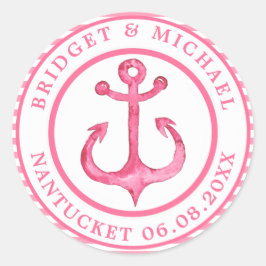Nautical Anchor - Hot Pink Striped Personated Ronde Sticker