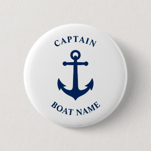 Nautical Anchor Kapitein Boat Name Navy Ronde Button 5,7 Cm