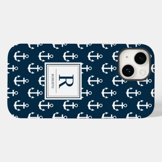 Nautical Anchor Marine Navy Blue Pattern Monogram Case-Mate iPhone Case (Achterkant (horizontaal))