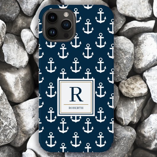 Nautical Anchor Marine Navy Blue Pattern Monogram iPhone Hoesje