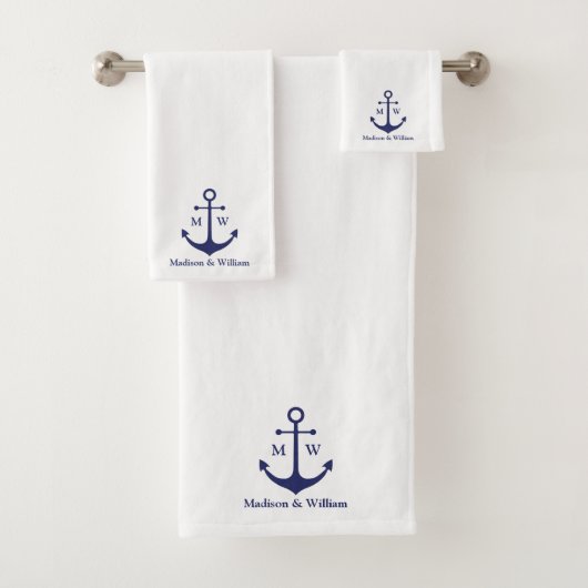 Nautical anchor marine white custom monogram & nam bad handdoek (Insitu)