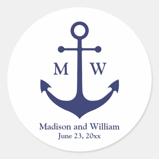 Nautical anchor marine white custom monogram & nam ronde sticker (Voorkant)