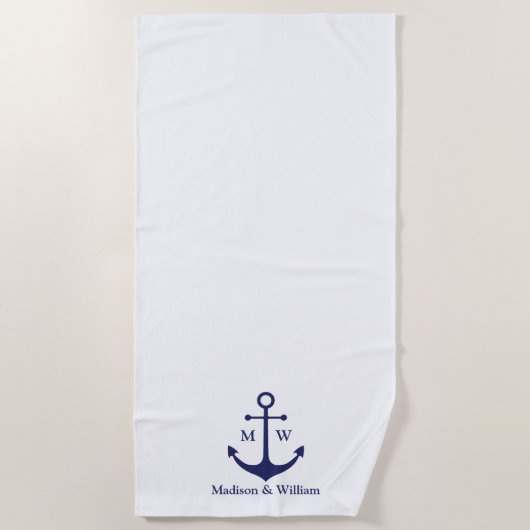 Nautical anchor marine white custom monogram & nam strandlaken (Voorkant)